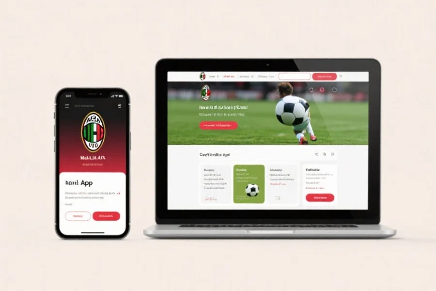 现代风格的智能手机和笔记本电脑并排放置，屏幕上分别展示米兰体育APP和网页版的界面截图